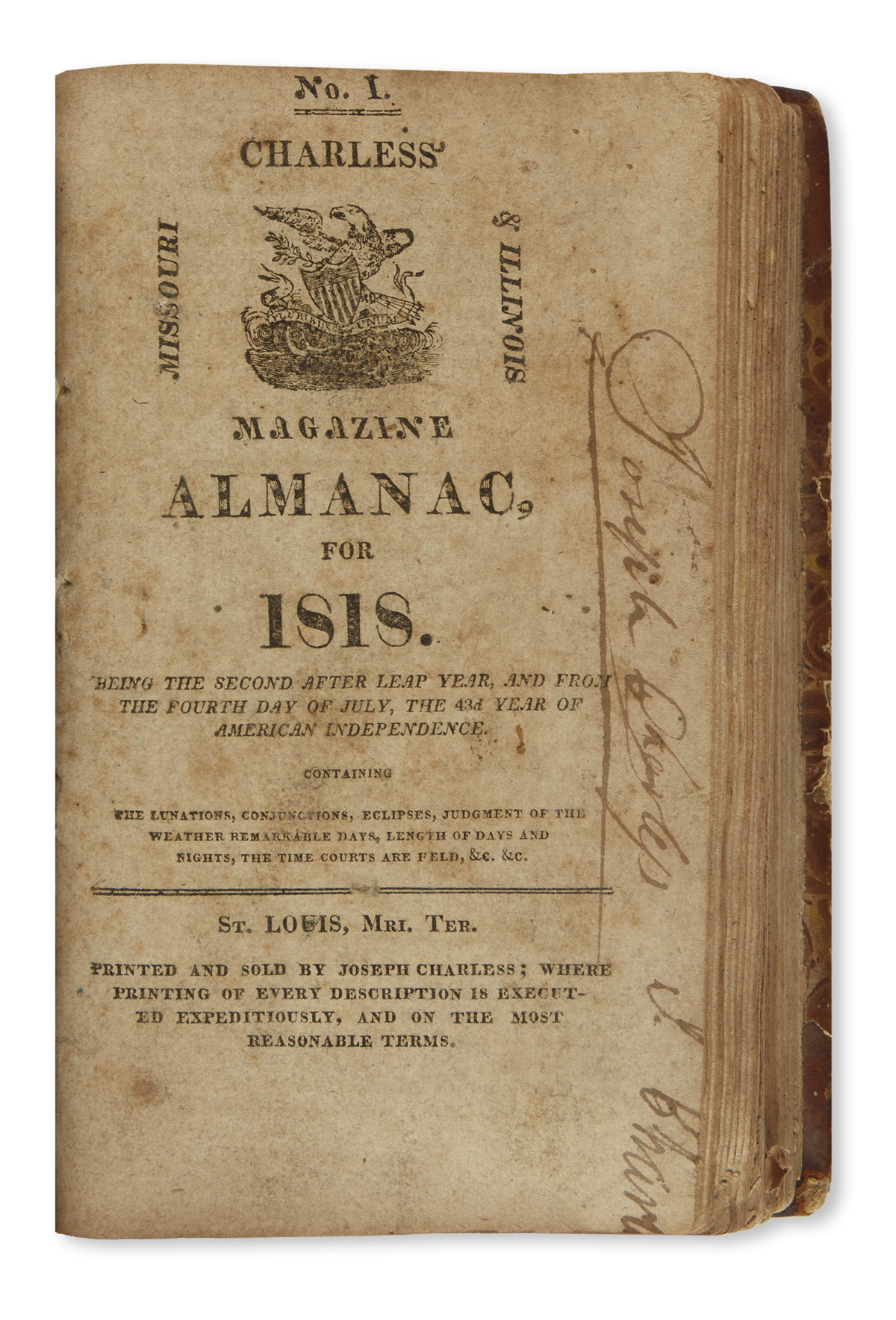 (ALMANACS.) Volume of early St. Louis and Pittsburgh almanacs, including the first one issued in St. Louis.